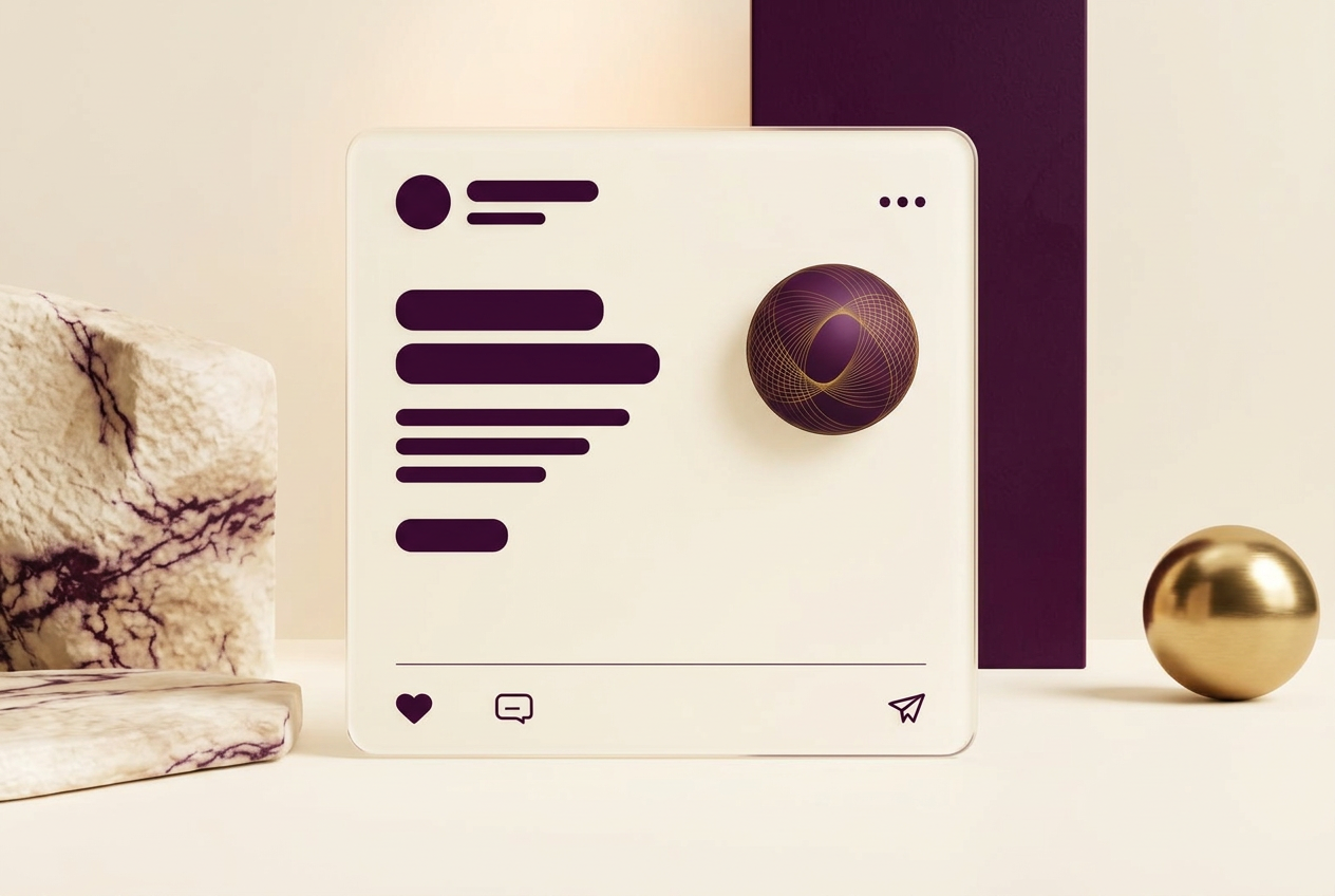 A glowing social post card floating above a dark studio surface